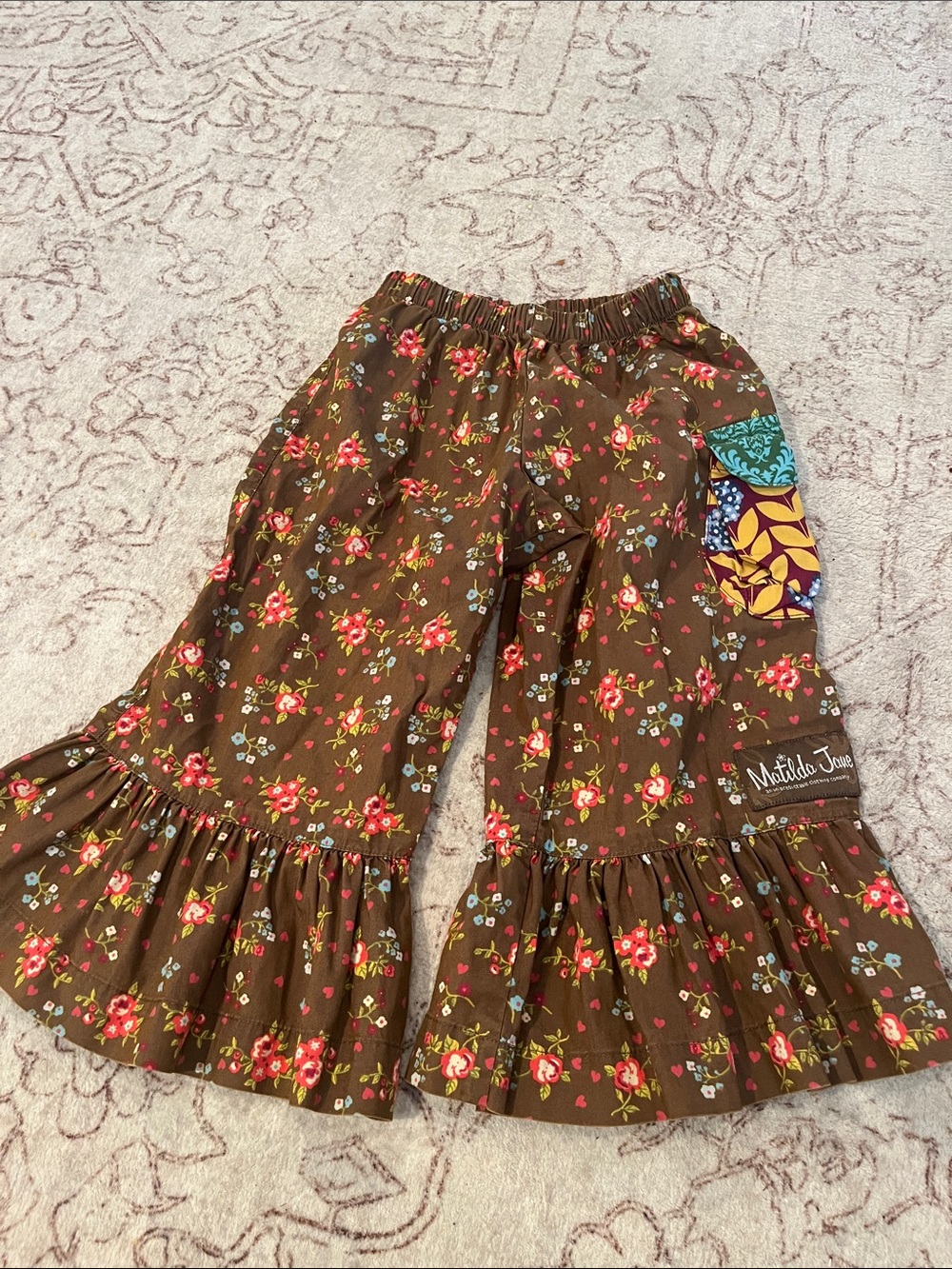 Matilda Jane Brown Floral Patch Big Ruffle Pants Size 2